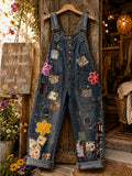 Women's Retro Style Art Print Washed Cotton Denim Patchwork Jumpsuit