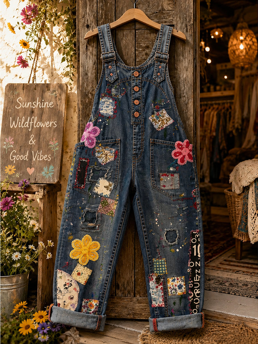 Women's Retro Style Art Print Washed Cotton Denim Patchwork Jumpsuit