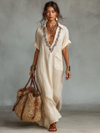 Minimalist Linen Blend Embroidered Short-sleeved Shirt Maxi Dress