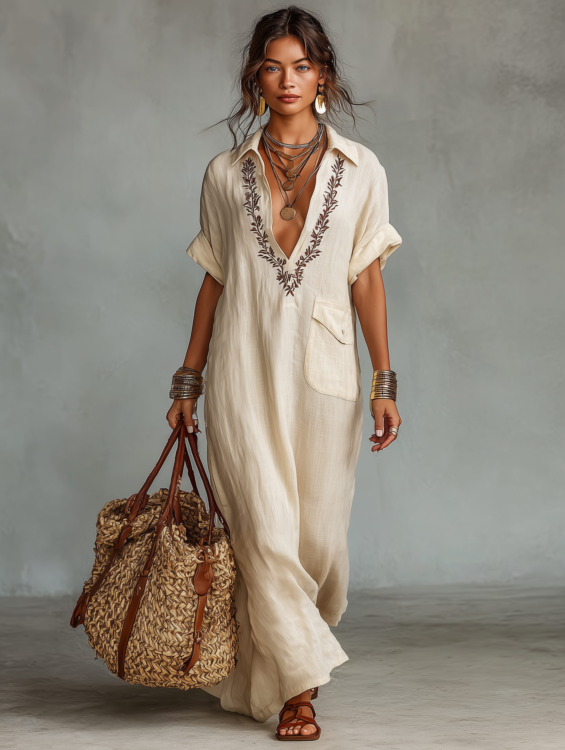 Minimalist Linen Blend Embroidered Short-sleeved Shirt Maxi Dress