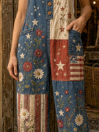 Women's Retro Style Art Print Denim Patchwork Jumpsuit