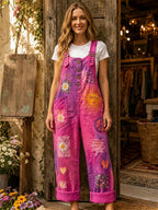 Women's Retro Style Art Print Washed Cotton Denim Patchwork Jumpsuit