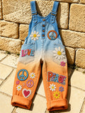 Women's Retro Style Print Washed Cotton Denim Patchwork Jumpsuit