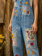 Women's Retro Style Art Print Washed Cotton Denim Patchwork Jumpsuit