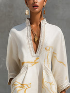 Ivory Gold Printed V-neck Crochet Lace Mini Dress
