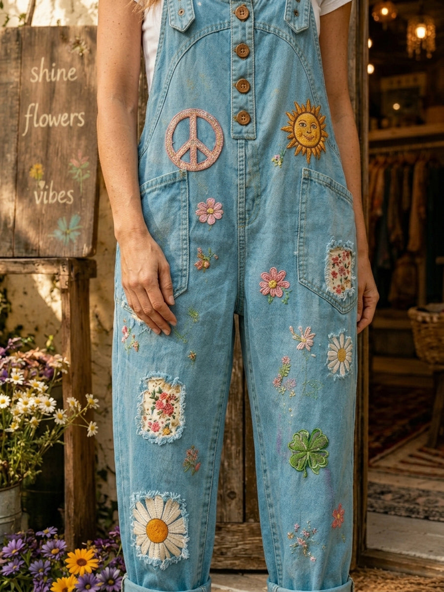 Women's Retro Style Art Print Washed Cotton Denim Patchwork Jumpsuit
