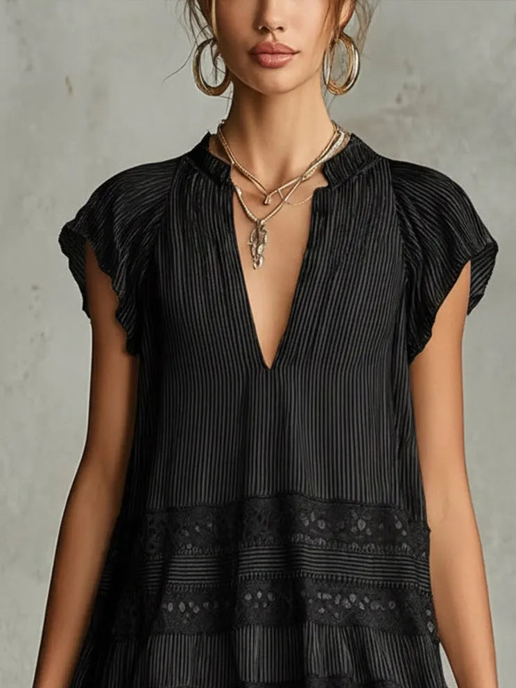 Black Striped Chiffon Lace-trimmed Ruffled Mini Dress
