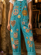 Women's Retro Style Art Print Washed Cotton Denim Patchwork Jumpsuit