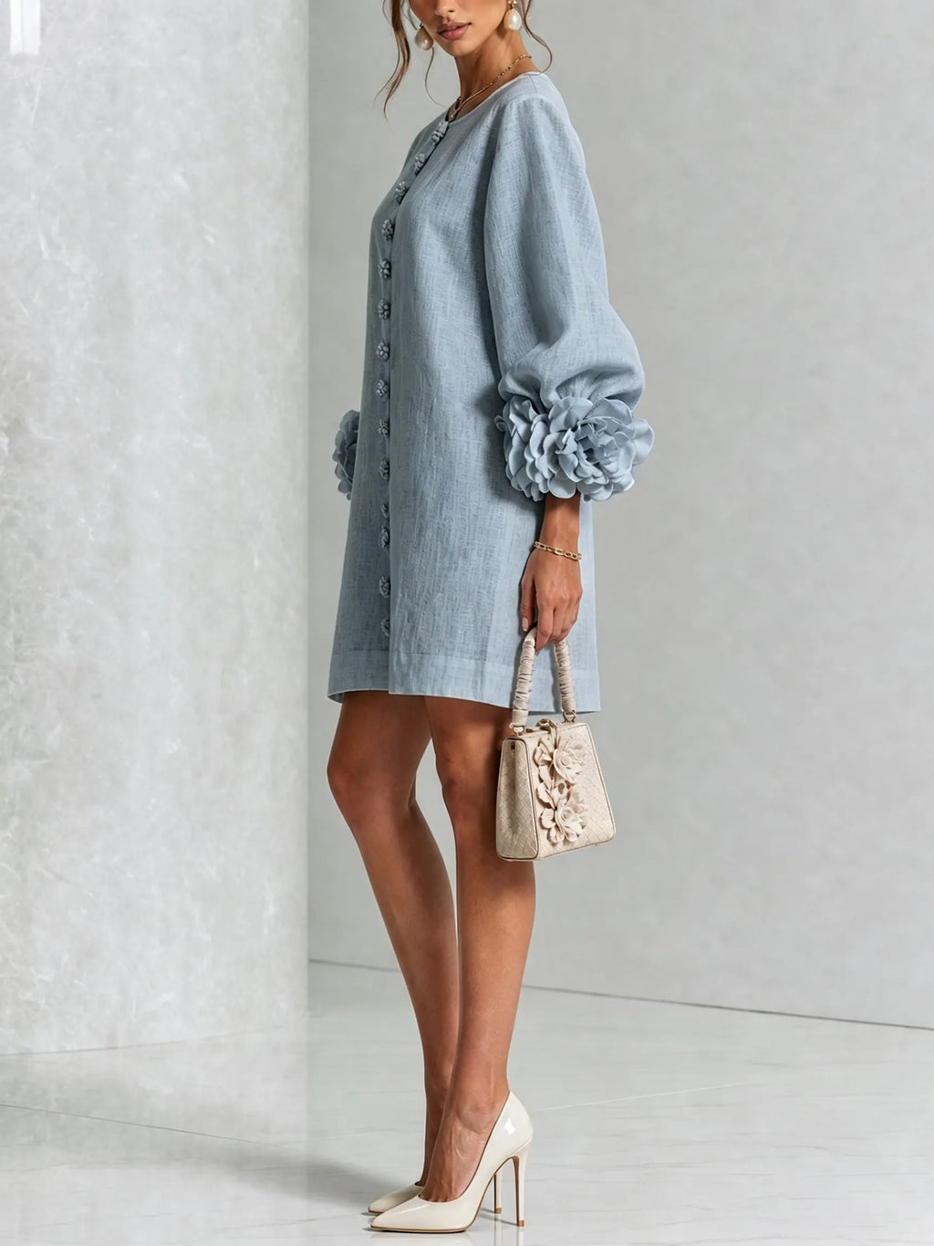 Dusty Blue Floral Button-down Mini Dress With Striking Floral Cuffs