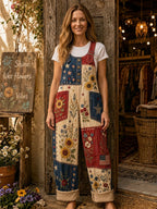 Women's Retro Style Art Print Washed Cotton Denim Patchwork Jumpsuit