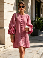 Vintage Rose Floral Button-down Mini Dress With Striking Floral Cuffs