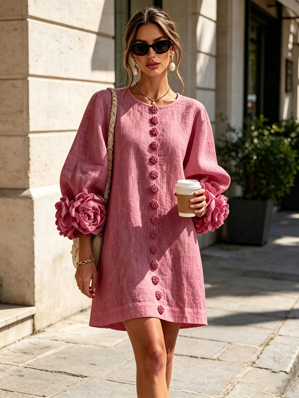 White Floral Button-down Mini Dress With Striking Floral Cuffs
