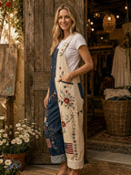 Women's Retro Style Art Print Denim Patchwork Jumpsuit