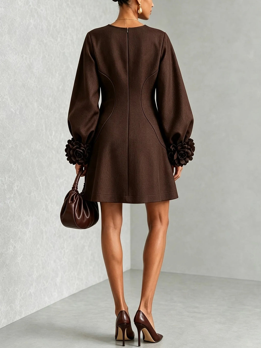 Chocolate Brown Belted A-line Mini Dress Featuring Striking Floral Cuffs