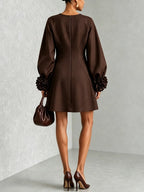 Chocolate Brown Belted A-line Mini Dress Featuring Striking Floral Cuffs