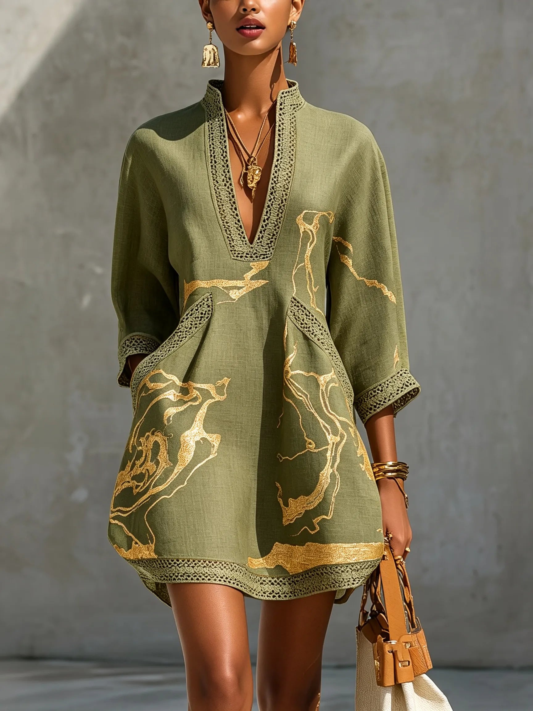 Black Gold Printed V-neck Crochet Lace Mini Dress