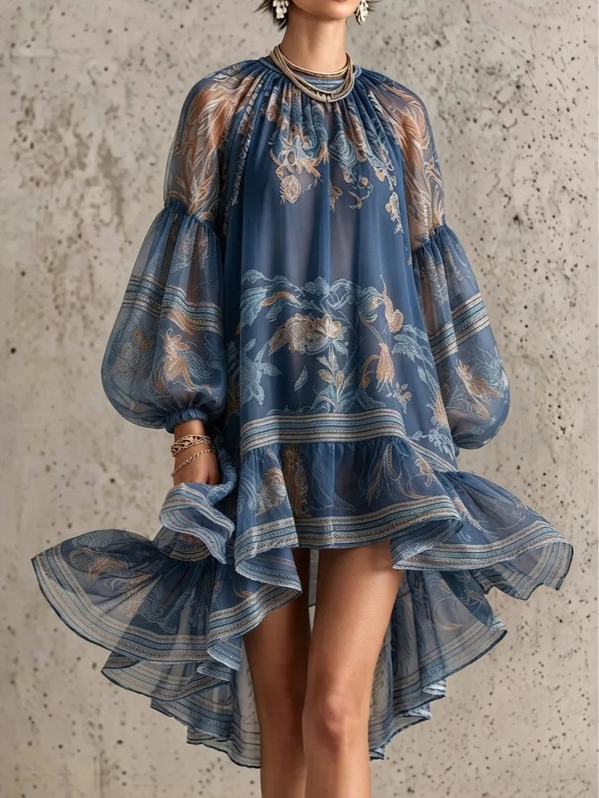 Vintage Printed High-Low Mini Dress