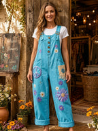 Women's Retro Style Art Print Washed Cotton Denim Patchwork Jumpsuit
