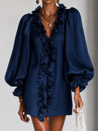 Ruffled Puff-Sleeve Loose Straight-Cut Mini Dress