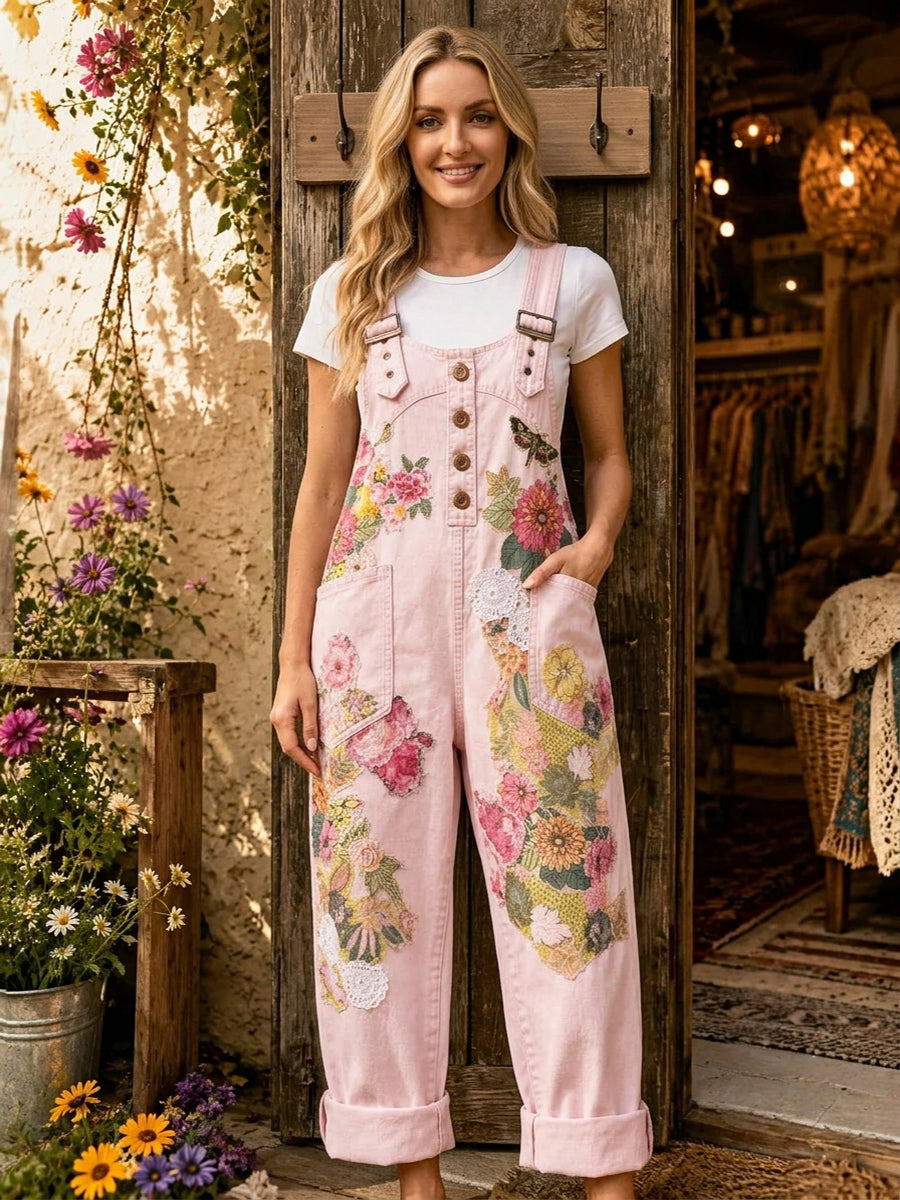 Women's Retro Style Art Print Washed Cotton Denim Patchwork Jumpsuit