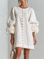 White Floral Button-down Mini Dress With Striking Floral Cuffs