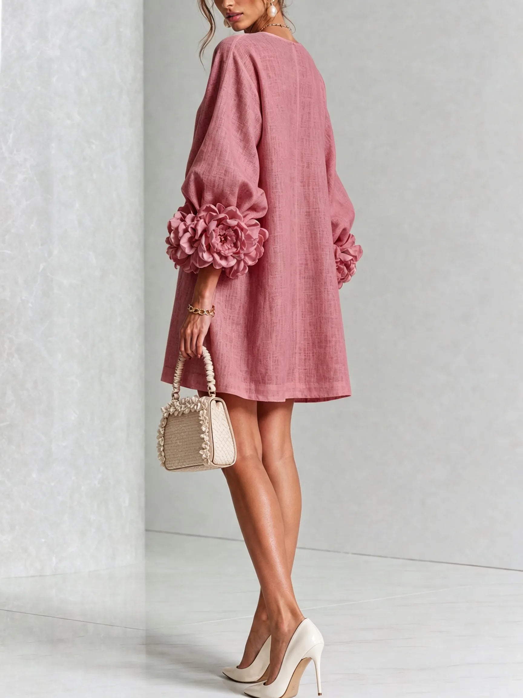 White Floral Button-down Mini Dress With Striking Floral Cuffs