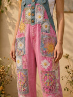 Women's Retro Style Art Print Washed Cotton Denim Patchwork Jumpsuit