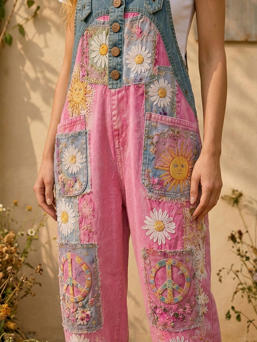 Women's Retro Style Art Print Washed Cotton Denim Patchwork Jumpsuit