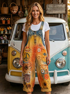 Women's Retro Style Art Print Washed Cotton Denim Patchwork Jumpsuit