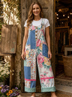 Women's Retro Style Art Print Washed Cotton Denim Patchwork Jumpsuit