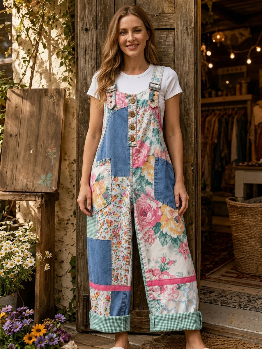 Women's Retro Style Art Print Washed Cotton Denim Patchwork Jumpsuit