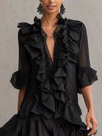 Black Ruffled Chiffon Lace Mini Dress