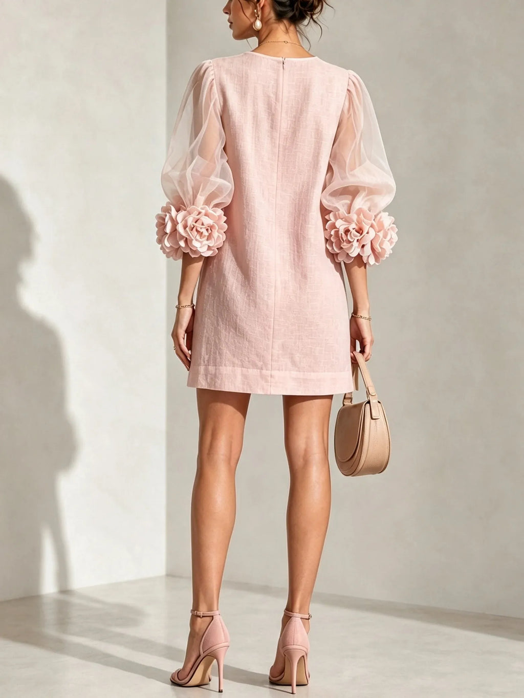 Pink Organza Puff-sleeved Mini Dress With Striking Floral Cuffs