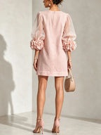 Pink Organza Puff-sleeved Mini Dress With Striking Floral Cuffs