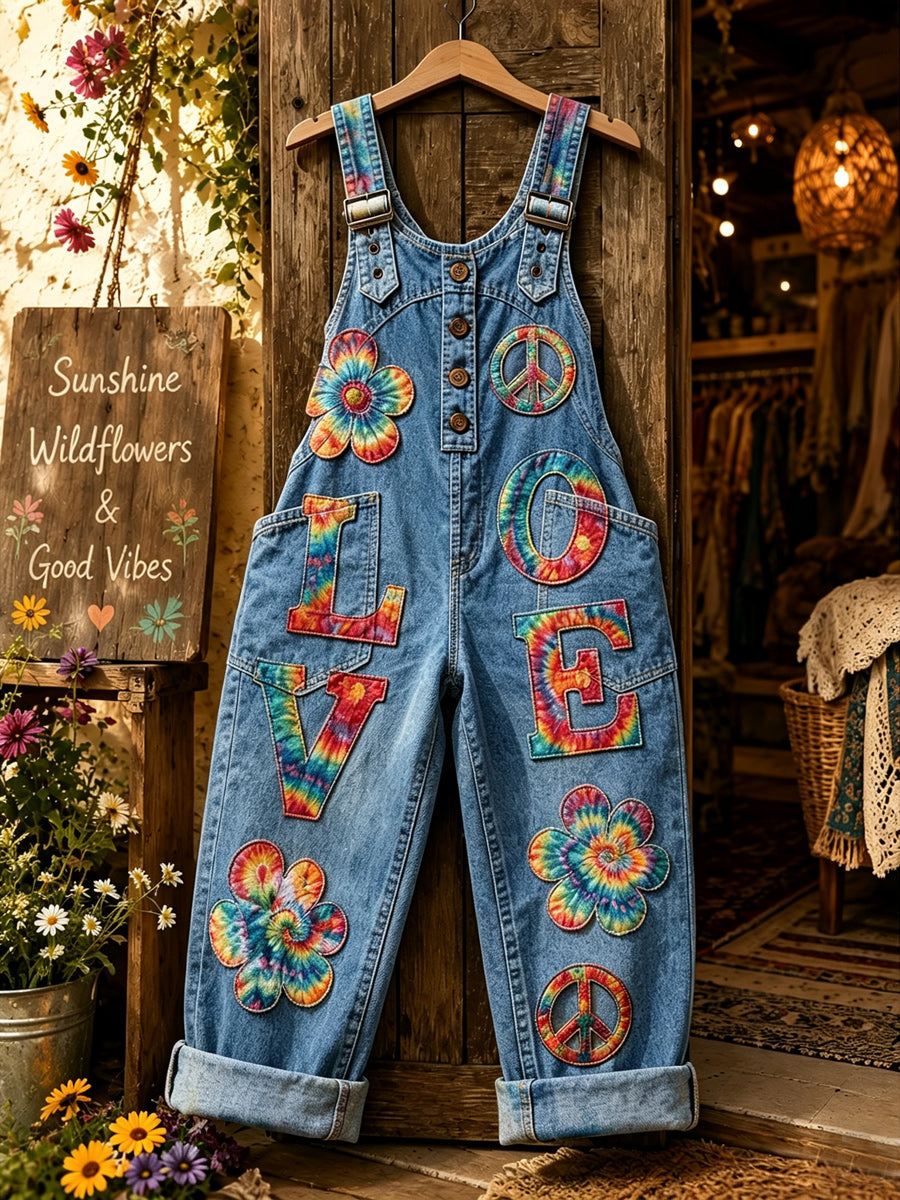 Women's Retro Style Art Print Washed Cotton Denim Patchwork Jumpsuit