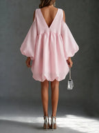 Baby Pink Chffion Deep V Cold Shoulder Mini Dress Puffy Balloon Sleeve Babydoll Party Dress