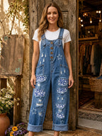 Women's Retro Style Art Print Washed Cotton Denim Patchwork Jumpsuit