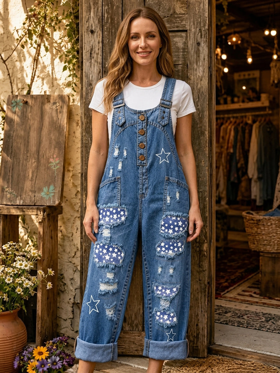 Women's Retro Style Art Print Washed Cotton Denim Patchwork Jumpsuit