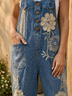 Women's Retro Style Art Print Washed Cotton Denim Patchwork Jumpsuit