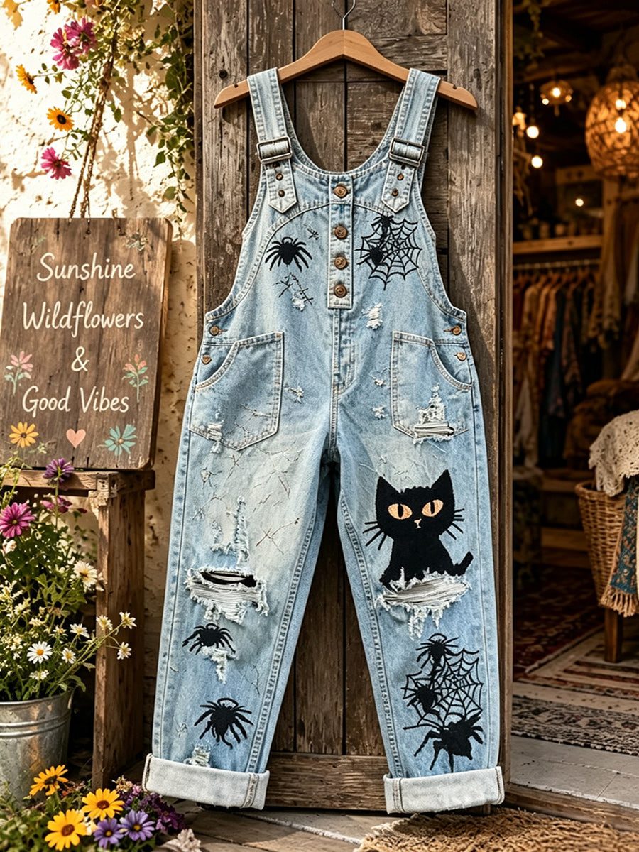 Women's Retro Style Art Print Washed Cotton Denim Patchwork Jumpsuit