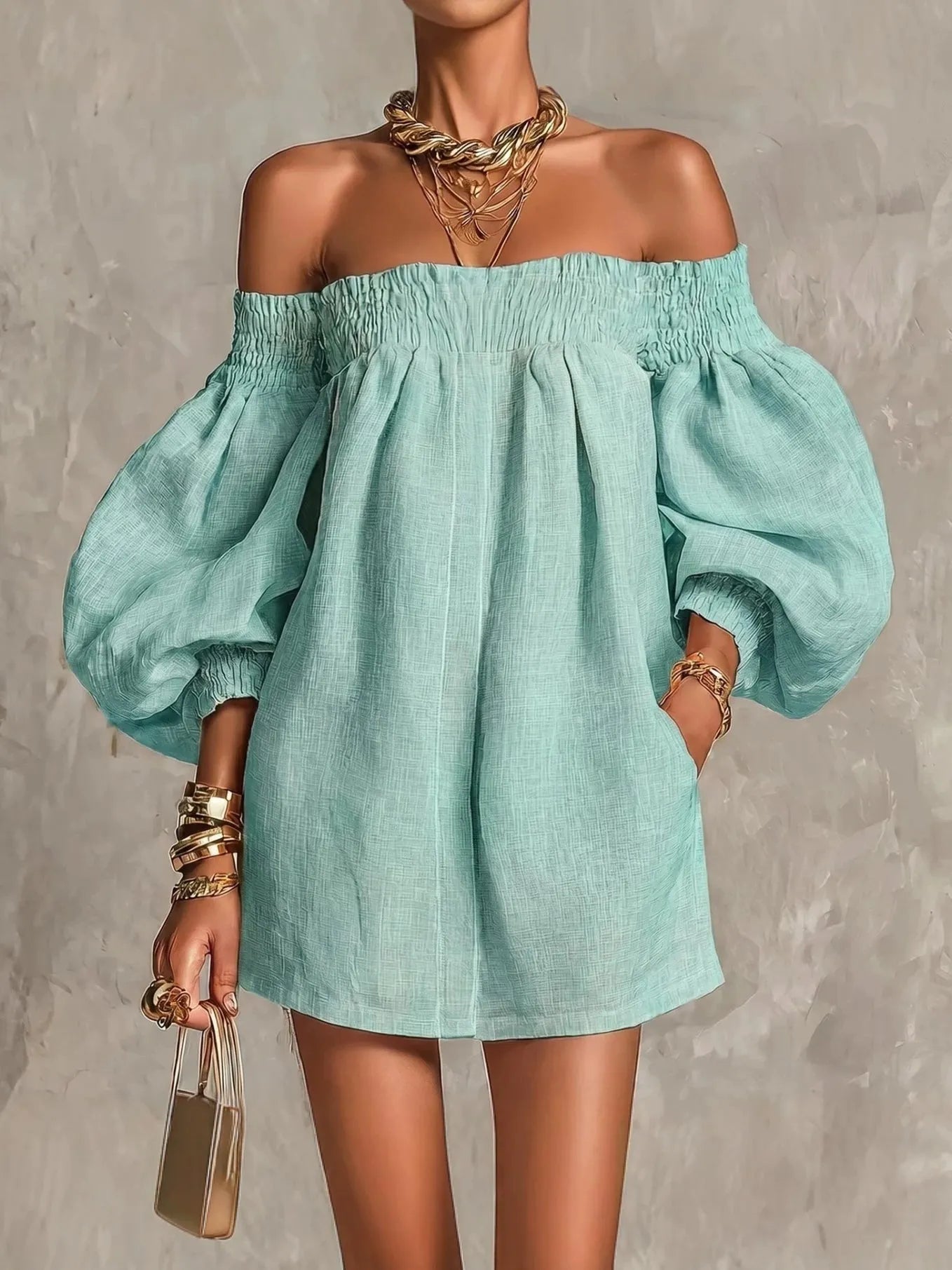 Pink Off-shoulder Lantern Sleeve A-line Loose Mini Dress