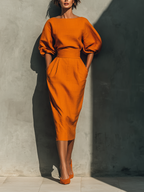 Orange Mid-sleeve Top And Midi Skirt Set