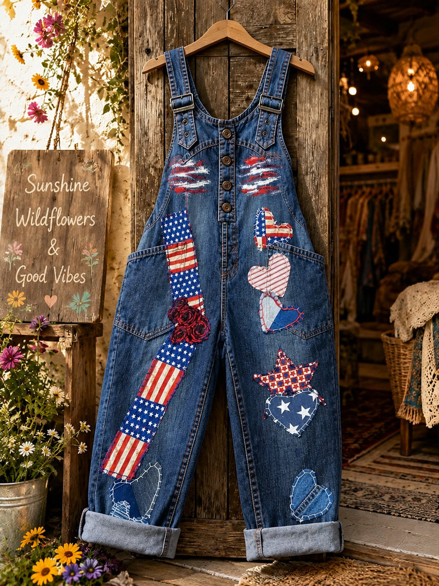 Women's Retro Style Art Print Washed Cotton Denim Patchwork Jumpsuit