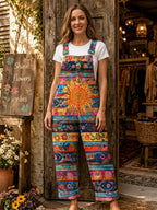 Women's Retro Style Art Print Washed Cotton Denim Patchwork Jumpsuit
