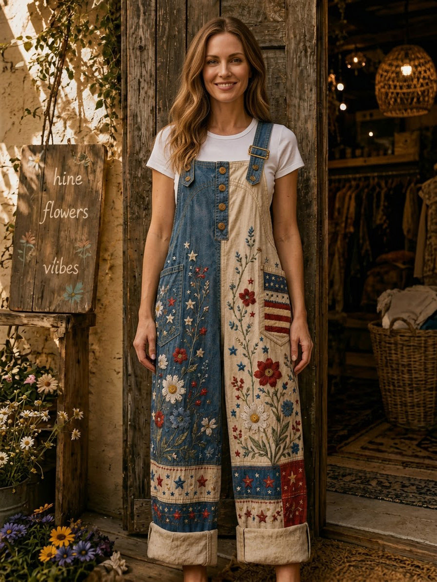 Women's Retro Style Art Print Denim Patchwork Jumpsuit