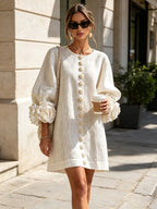 White Floral Button-down Mini Dress With Striking Floral Cuffs