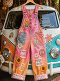 Women's Retro Style Art Print Washed Cotton Denim Patchwork Jumpsuit