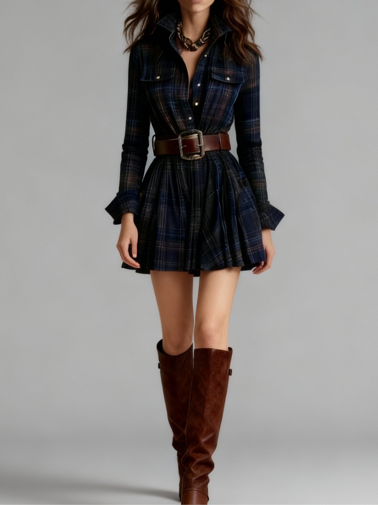 Vintage Lapel Red and Brown Plaid Mini Dress(Includes belt)
