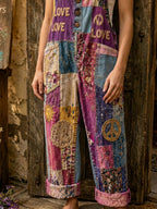 Women's Retro Style Art Print Washed Cotton Denim Patchwork Jumpsuit