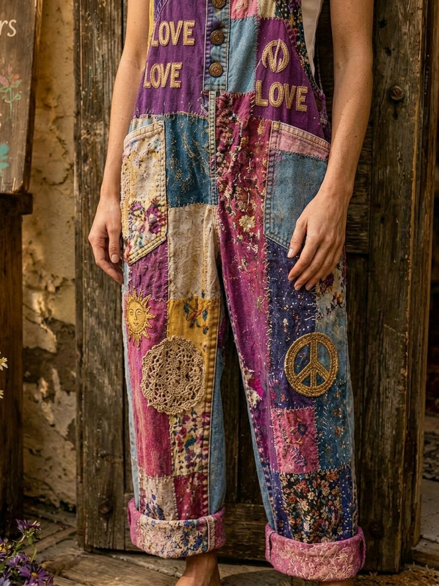 Women's Retro Style Art Print Washed Cotton Denim Patchwork Jumpsuit